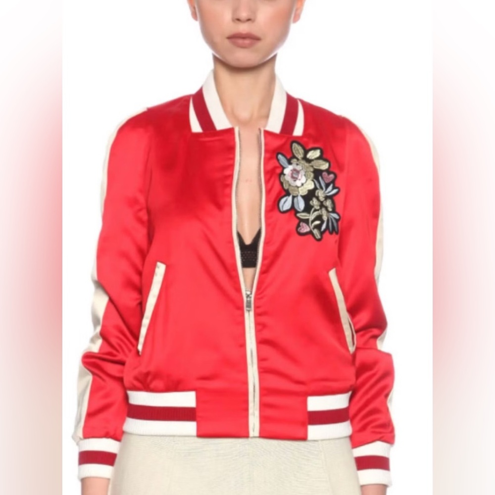 Maje Rouge Bomber Jacket Red Full Zip Size 36 Small Embroidered Womens View 3